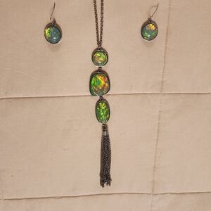 Vintage Iridescent Tassel Pendant Necklace & Earring Set, Silver Tone EUC Boho